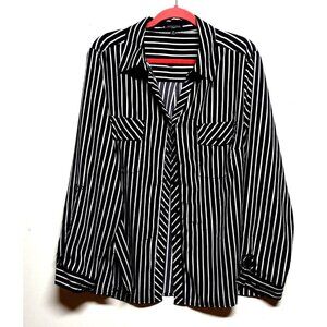 Notations striped shirt womens plus Sz 3x top black white STRETCH roll tab sleev
